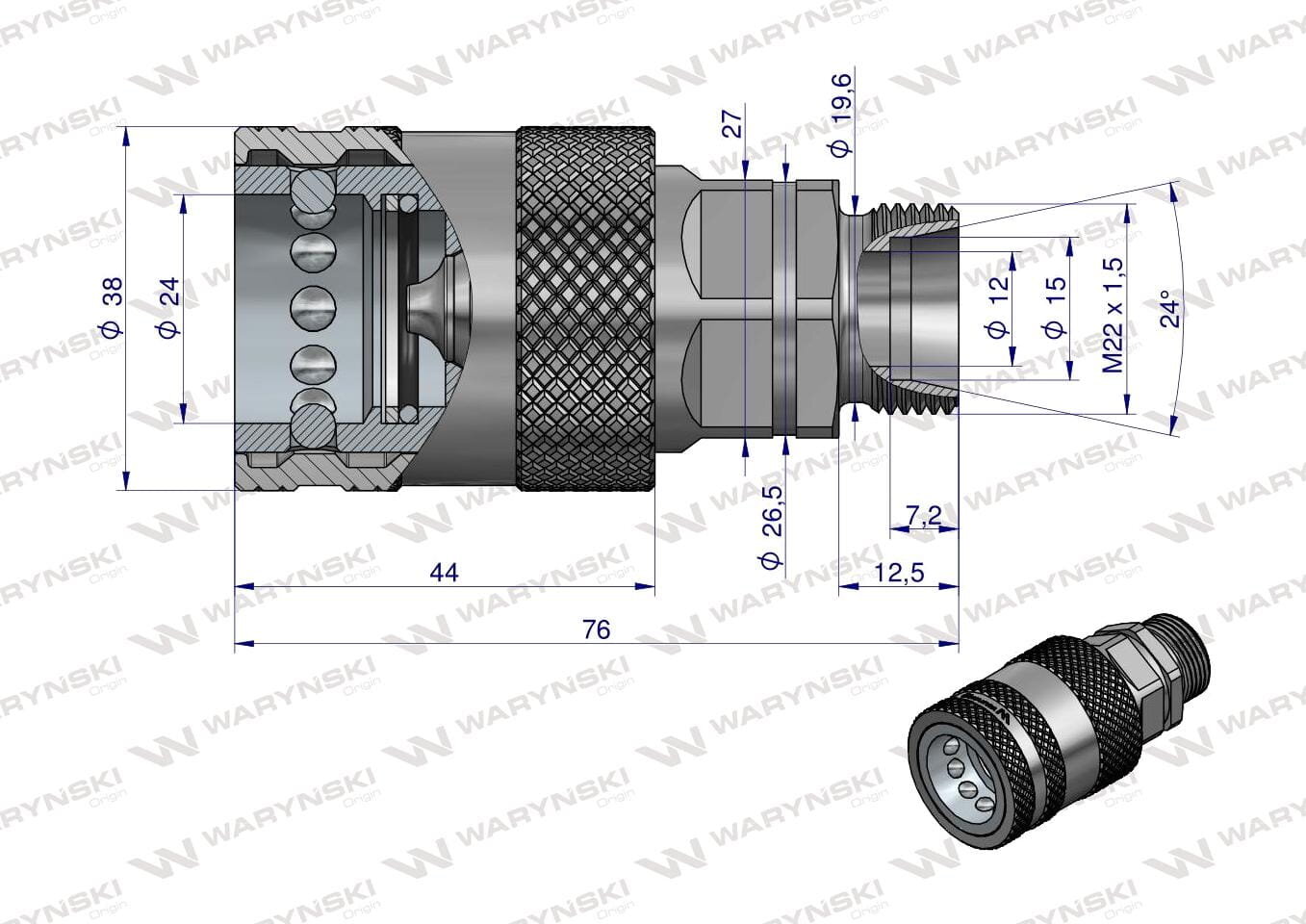 Rysunek techniczny przedstawia szybkozłącze hydrauliczne z oznaczeniami wymiarów, takimi jak M22x1.5 i różne średnice. Widoczne jest logo \'WARYŃSKI\' powtarzające się w tle.