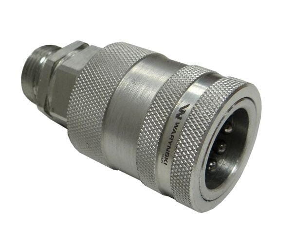 Metalowe szybkozłącze hydrauliczne z widocznym logo \'Waryński\' na powierzchni. Produkt ma gwint zewnętrzny i teksturowaną powierzchnię dla lepszego chwytu.