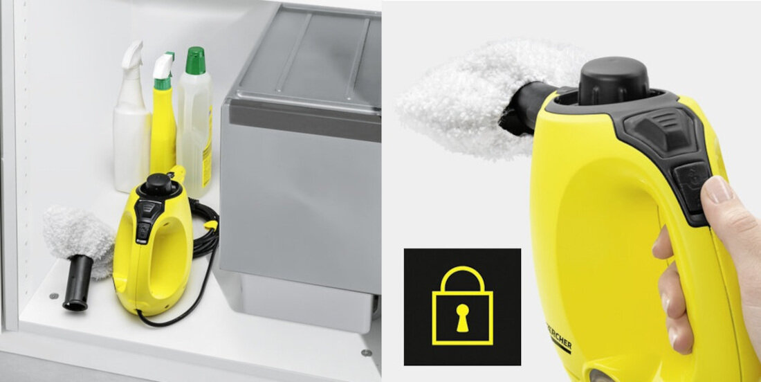 Parownica KARCHER SC 1 1.516-300.0 zolty moc 1200 W waga 1,6kg wymiary poreczny prosty w obsludze latwe przechowywanie