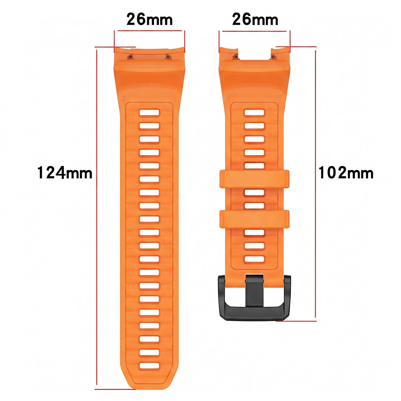 Pomarańczowy silikonowy pasek do zegarka z widocznymi wymiarami: 26mm szerokości, 124mm i 102mm długości poszczególnych części.