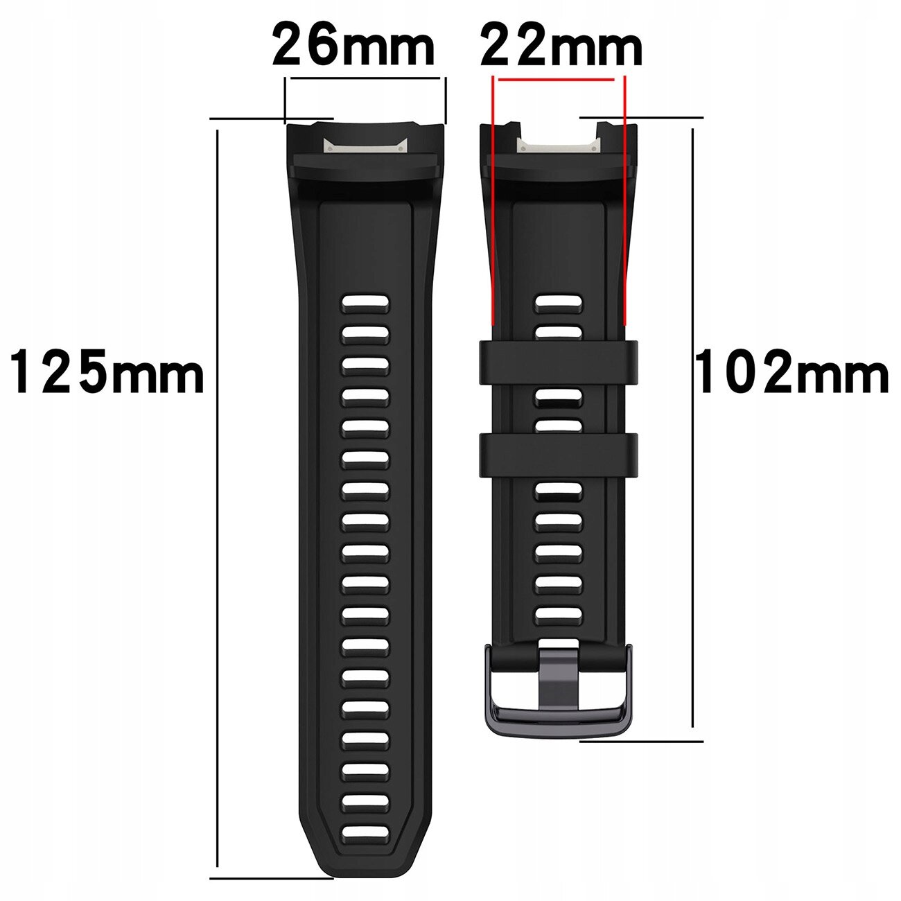 Czarny silikonowy pasek do zegarka z otworami wentylacyjnymi, o szerokości 26 mm i długości 125 mm oraz 102 mm. Na obrazie widoczne są wymiary: 26 mm, 22 mm, 125 mm, 102 mm.