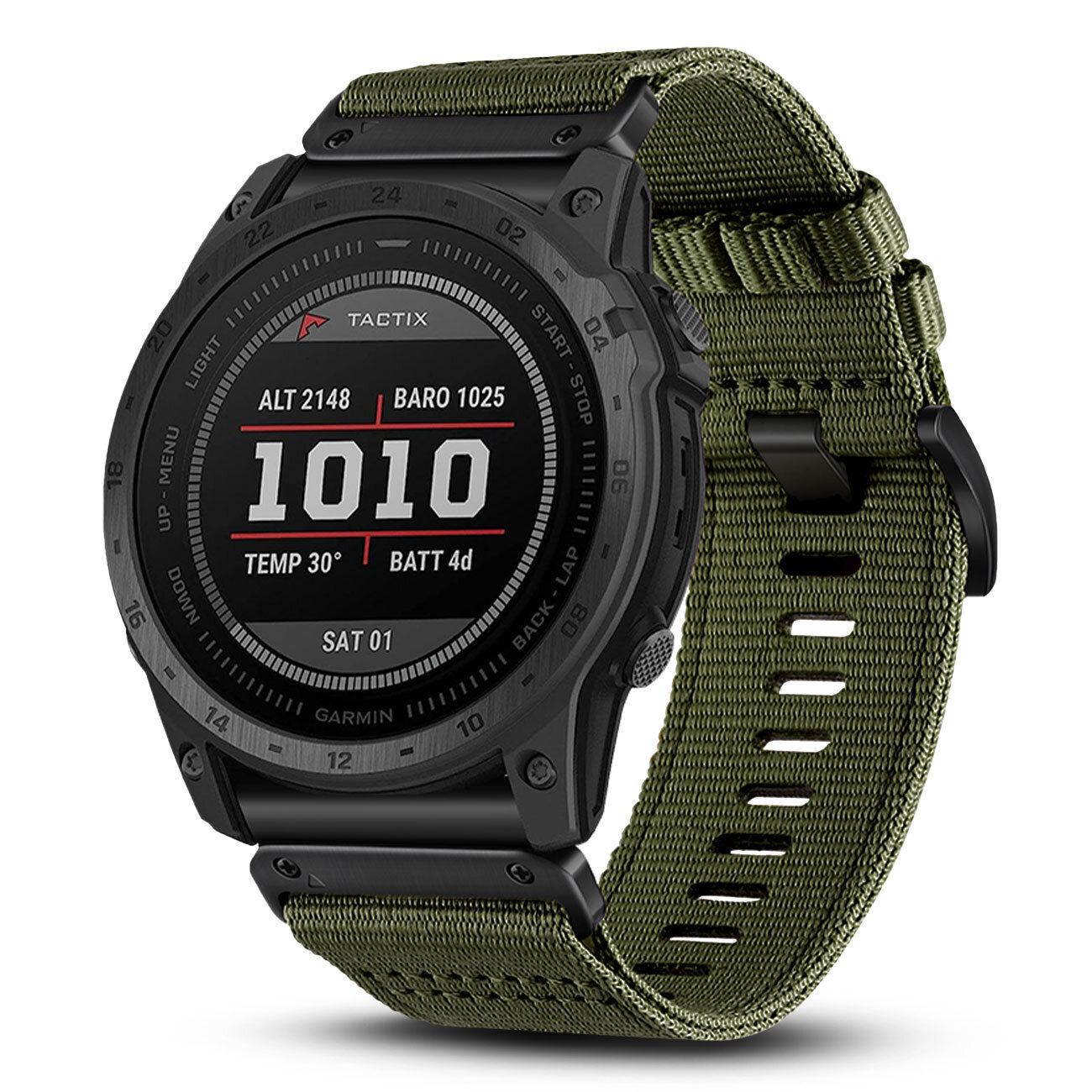 Zegarek z zielonym nylonowym paskiem, na wyświetlaczu widoczne są dane: ALT 2148, BARO 1025, 1010, TEMP 30°, BATT 4d, SAT 01 oraz logo Garmin.
