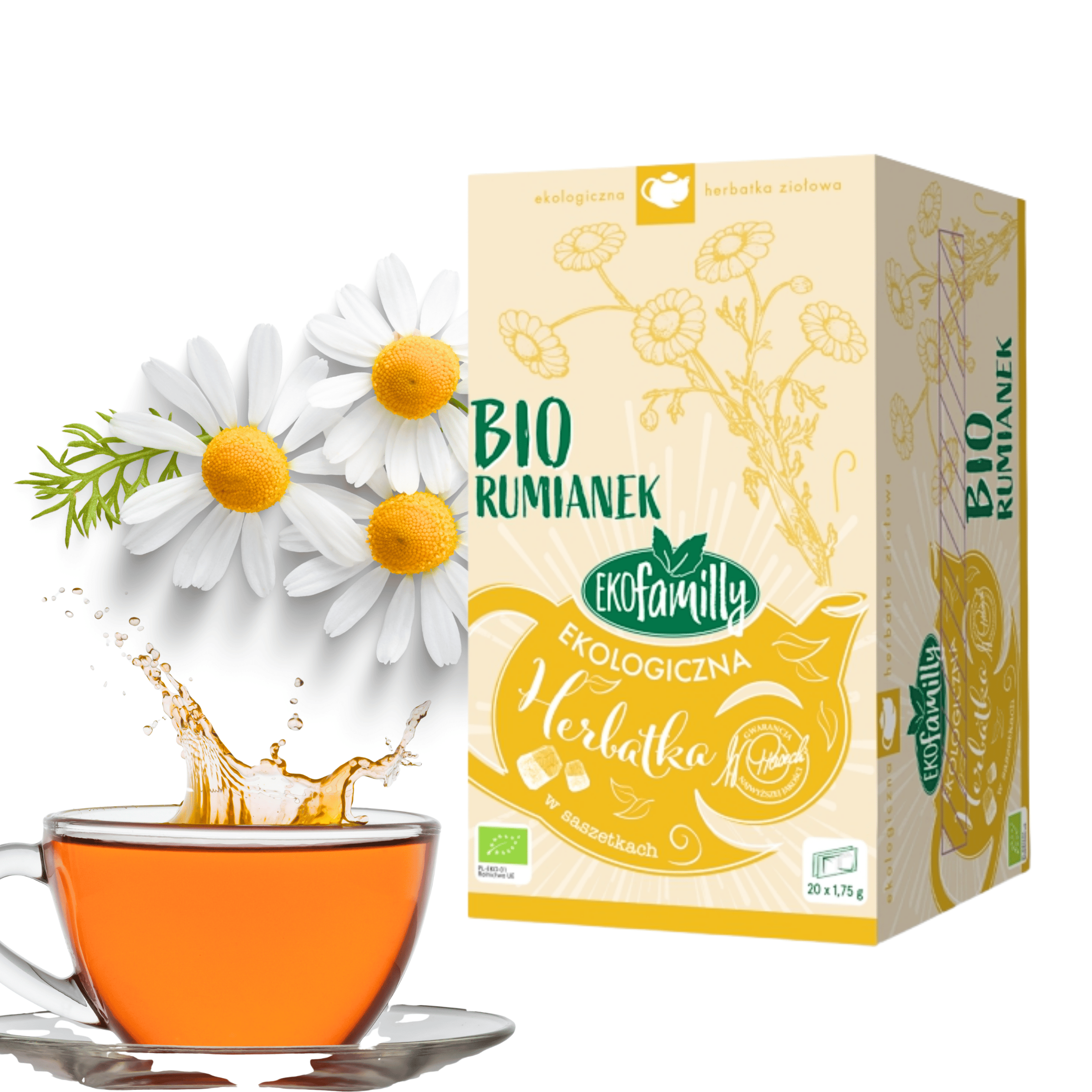 Na obrazie widoczna jest paczka herbaty z napisem \'BIO RUMIANEK EKOfamily Ekologiczna Herbatka w saszetkach\', obok której znajdują się kwiaty rumianku i filiżanka herbaty. Opakowanie ma żółte i zielone elementy graficzne oraz logo z napisem \'ekologiczna herbatka ziołowa\'.