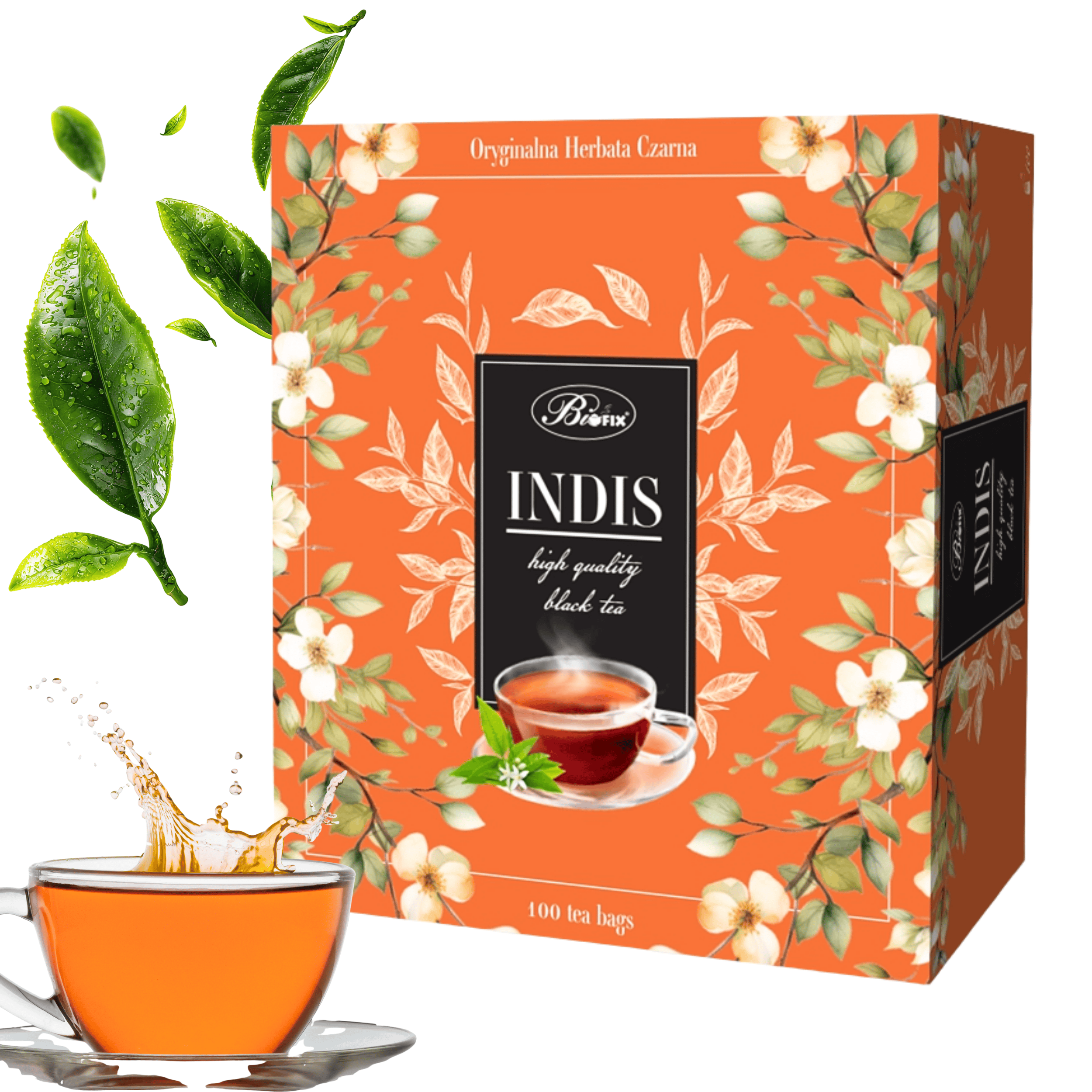 Duże, pomarańczowe opakowanie herbaty z kwiatowym wzorem i napisem \'Bifix INDIS high quality black tea\'. Obok opakowania filiżanka z herbatą i zielone liście herbaty.