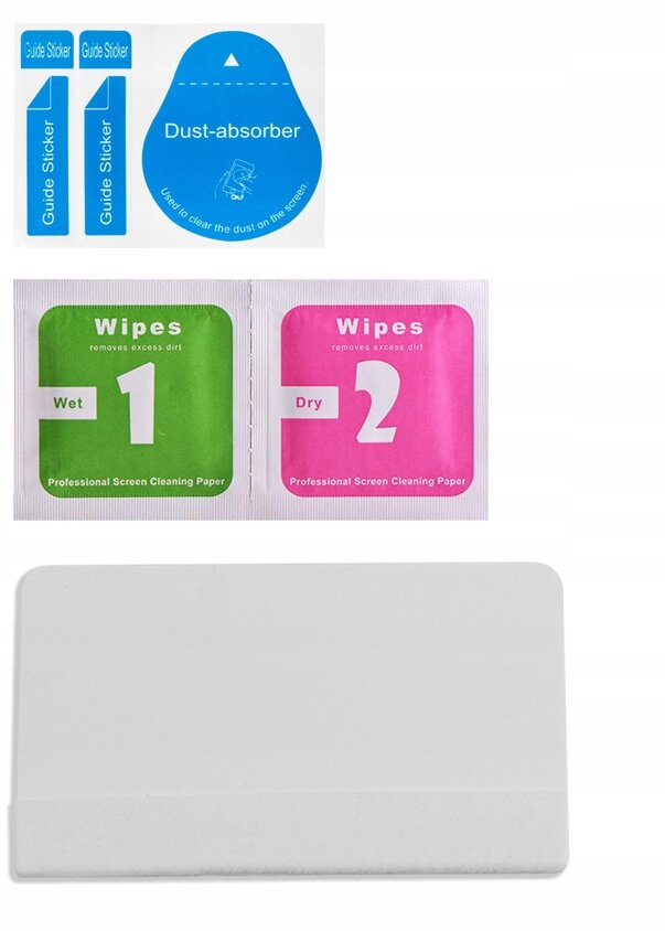 Na obrazie widoczne są naklejki \'Guide Sticker\', \'Dust-absorber\' oraz dwie saszetki z napisami \'Wipes Wet 1\' i \'Wipes Dry 2\'. Poniżej znajduje się prostokątny biały element, prawdopodobnie karta do aplikacji folii.