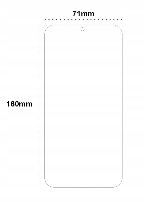 Obraz przedstawia schematyczny rysunek telefonu z wymiarami 74mm szerokości i 157mm wysokości.