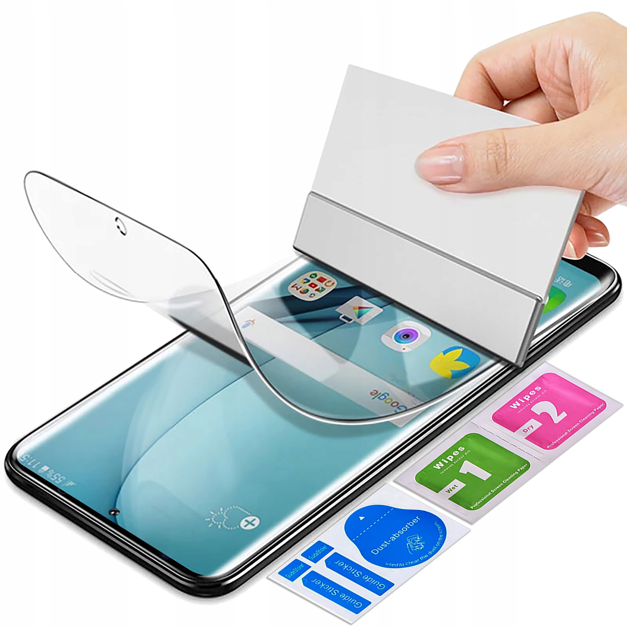 Na zdjęciu widoczna jest folia ochronna nakładana na ekran smartfona, obok której znajdują się kolorowe naklejki z numerami i napisami: \'Wipes 1\', \'Wipes 2\', \'Guide Sticker\', \'Dust-absorber\'.