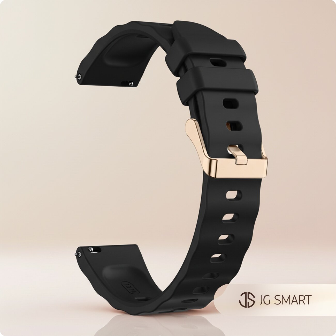 Czarny silikonowy pasek do zegarka z metalowym zapięciem w kolorze złotym, na jasnym tle. W prawym dolnym rogu widoczne jest logo \'JG SMART\'.