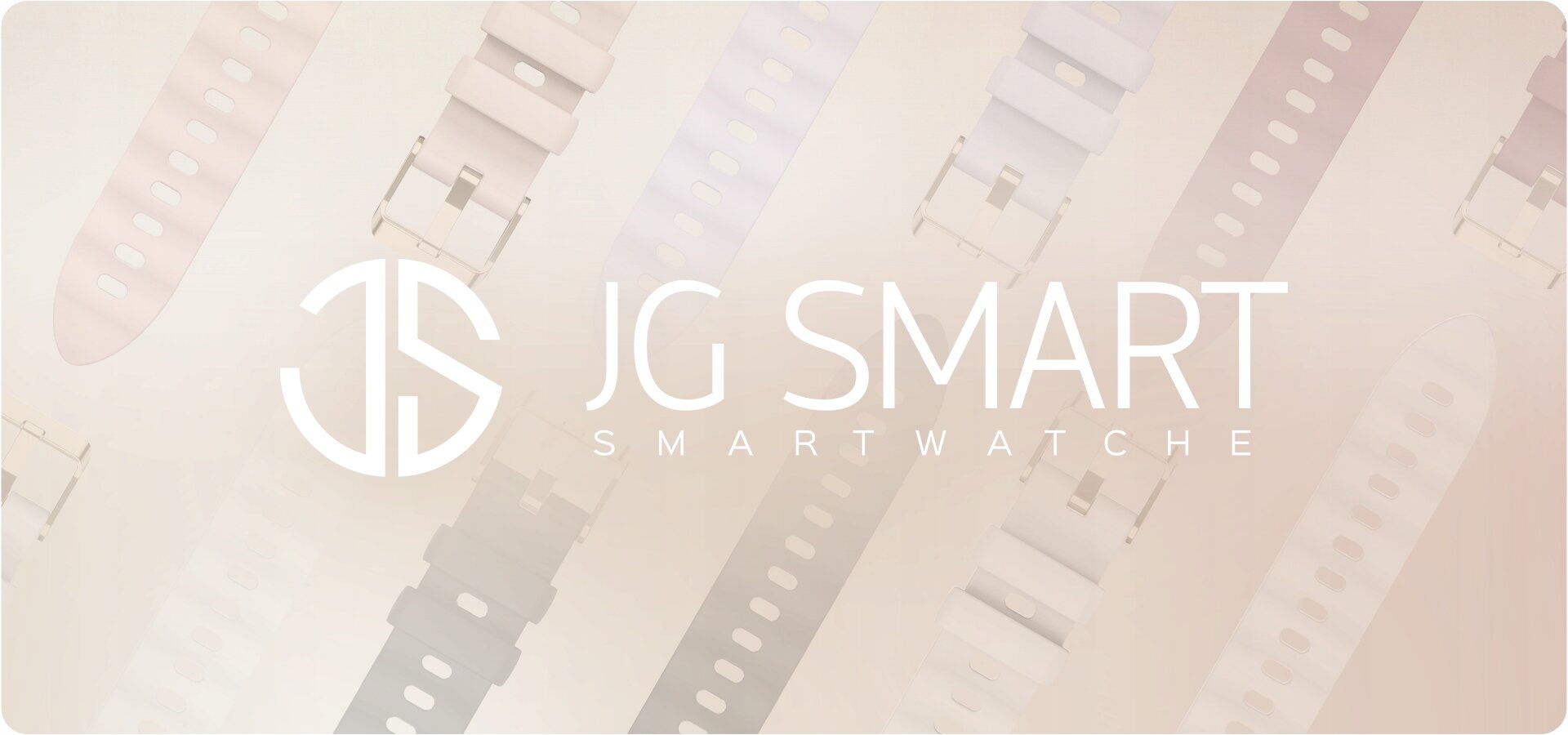 Obraz przedstawia logo JG SMART oraz napis \'SMARTWATCH\' na tle różnych pasków do zegarków w jasnych kolorach.