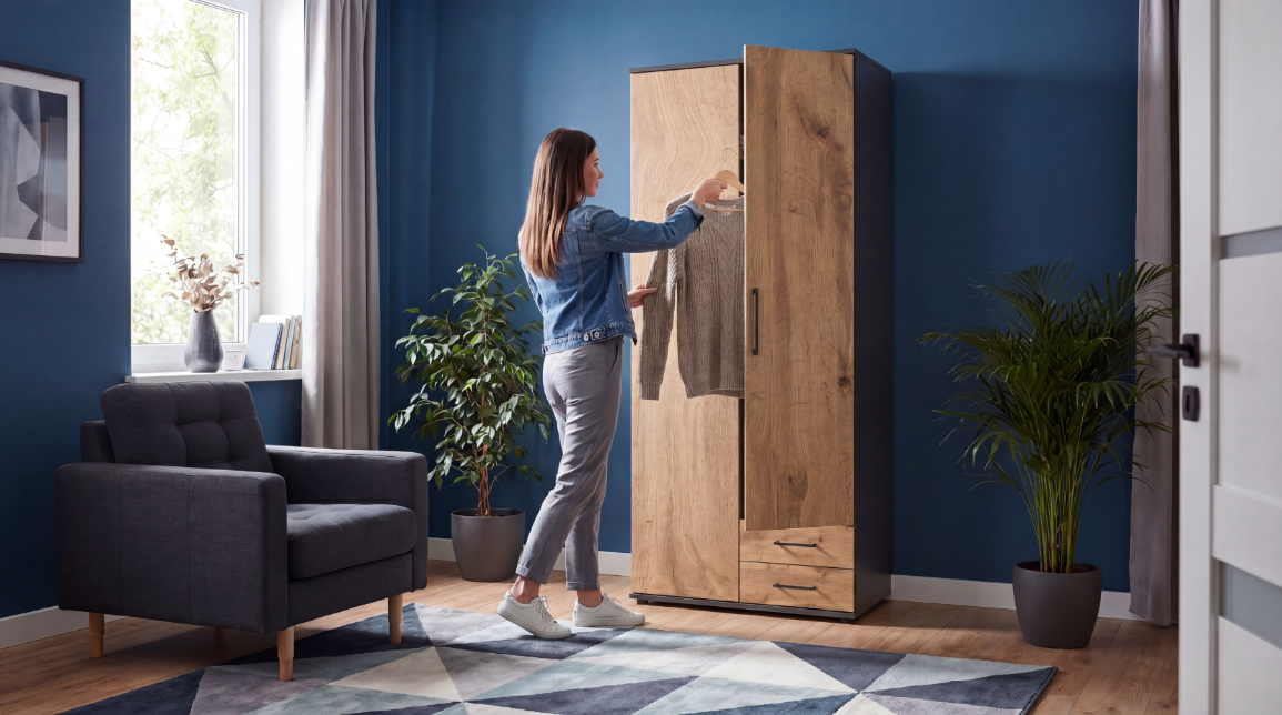 Kobieta otwiera drewnianą szafę stojącą w pokoju z niebieskimi ścianami. W pomieszczeniu znajduje się także szary fotel, rośliny doniczkowe i dywan w geometryczne wzory.