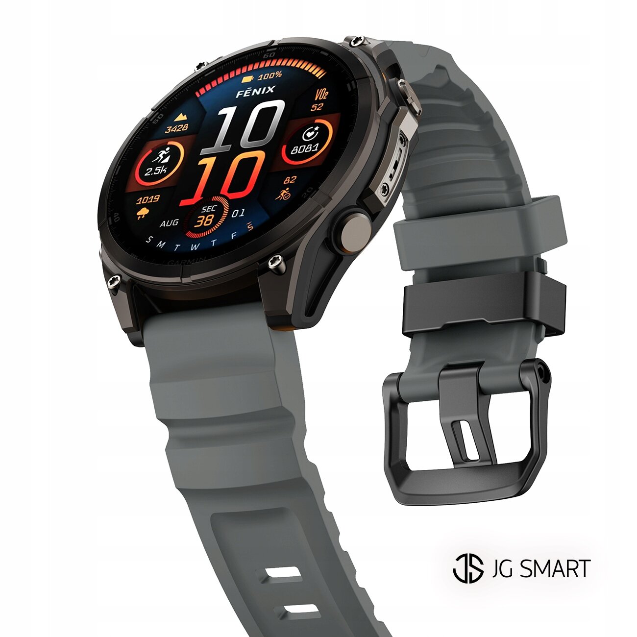 Silikonowy pasek do zegarka w kolorze szarym, z metalową klamrą, obok logo \'JG SMART\'.