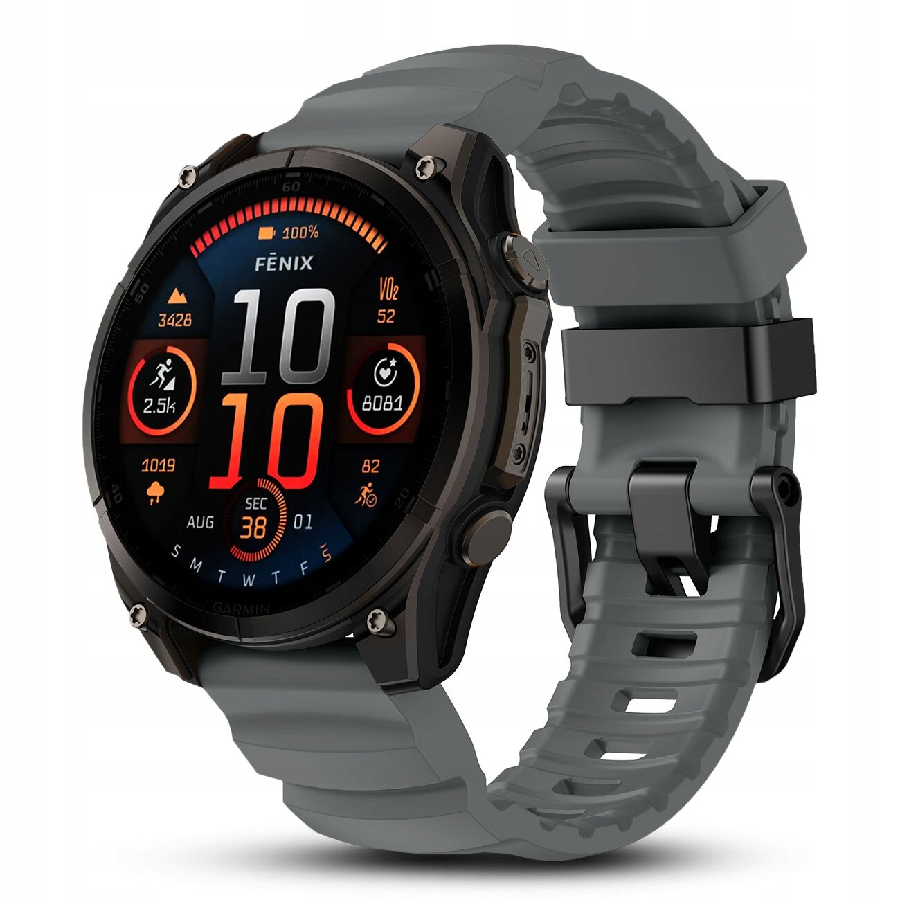 Zegarek z szarym silikonowym paskiem, na wyświetlaczu widoczne są różne wskaźniki, w tym czas 10:10, data AUG 38, oraz napisy FENIX i GARMIN.