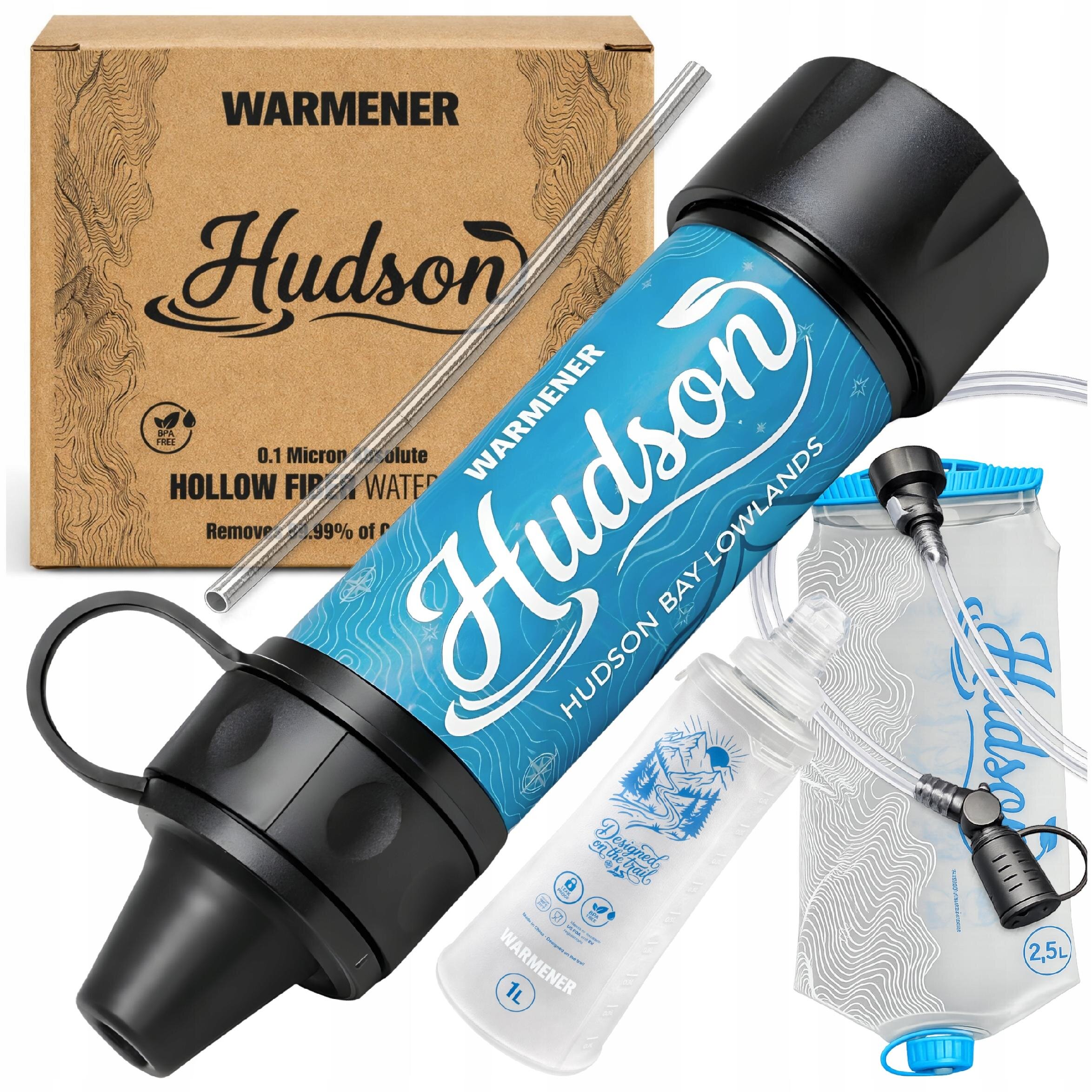Zestaw filtracyjny do wody składający się z niebieskiego filtra z napisem \'Hudson\', przezroczystych pojemników z rurkami oraz kartonowego opakowania z napisem \'WARMENER Hudson\'.