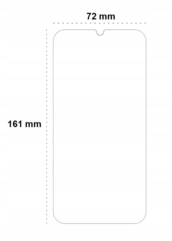 Obraz przedstawia schematyczny rysunek telefonu z wymiarami 74mm szerokości i 157mm wysokości.
