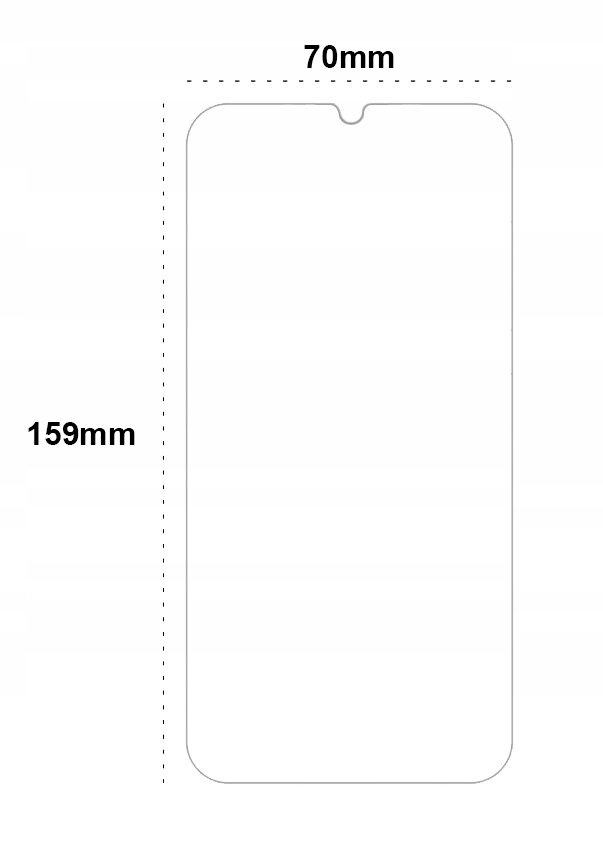 Obraz przedstawia schematyczny rysunek telefonu z wymiarami 74mm szerokości i 157mm wysokości.