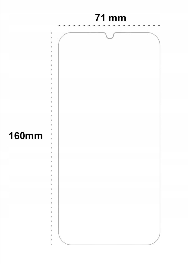 Obraz przedstawia schematyczny rysunek telefonu z wymiarami 74mm szerokości i 157mm wysokości.