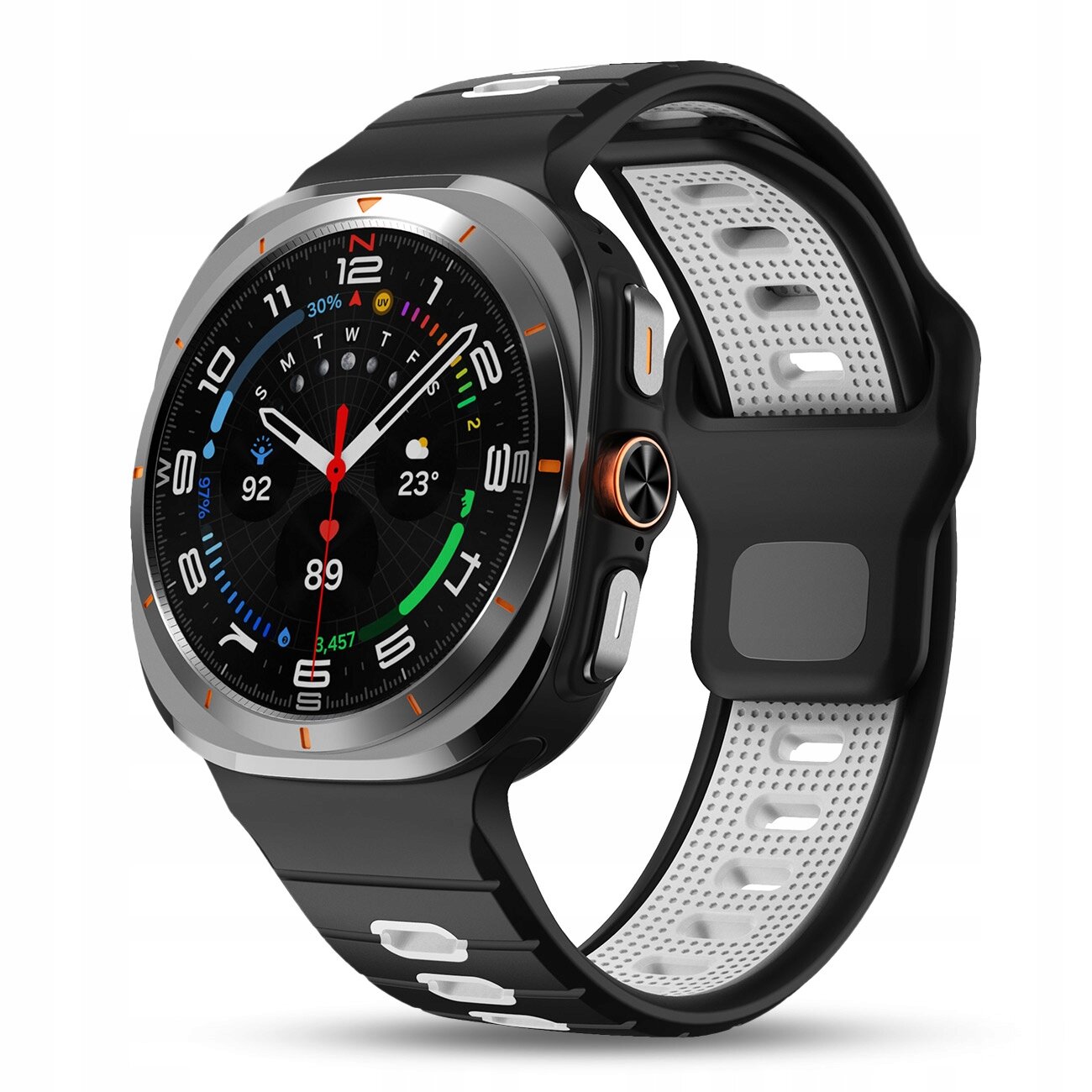 Smartwatch z okrągłą tarczą, wyświetlający kolorowe wskaźniki i dane, z czarno-białym silikonowym paskiem. Na tarczy widoczne są cyfry, wskaźniki pogody i poziomu naładowania baterii.