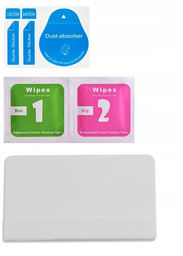 Zestaw akcesoriów do montażu folii ochronnej, w tym naklejki \'Guide Sticker\', \'Dust-absorber\' oraz chusteczki \'Wipes\' oznaczone jako \'Wet 1\' i \'Dry 2\'. Widoczna jest również biała karta do wygładzania folii.