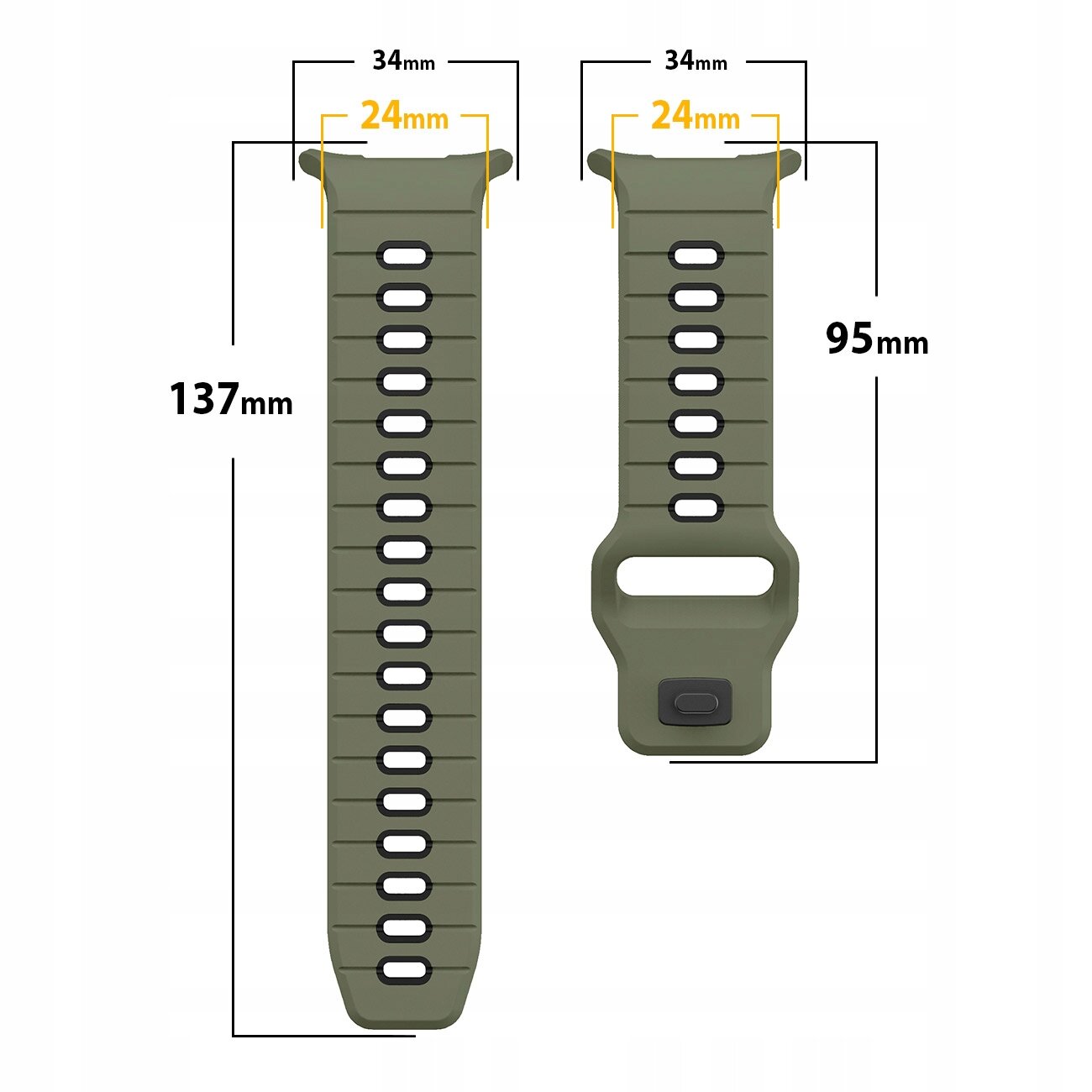 Obraz przedstawia dwa segmenty silikonowego paska do zegarka w kolorze zielonym, z oznaczeniami wymiarów: 137mm i 95mm długości oraz 34mm i 24mm szerokości. Pasek ma prostokątne otwory na całej długości oraz zapięcie na jednym z segmentów.