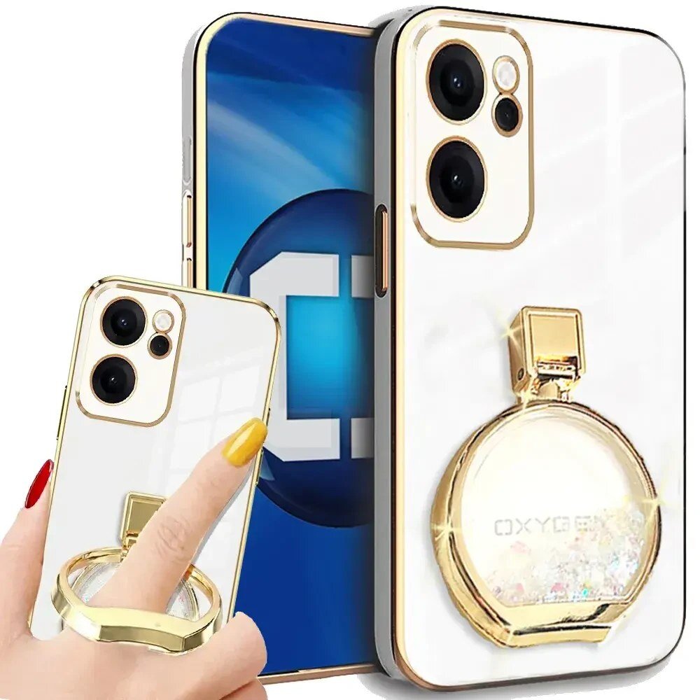 Obraz przedstawia etui na telefon z białą powierzchnią i złotymi elementami, w tym pierścieniem z napisem \'OXYGEN\'. W tle widoczny jest ekran telefonu z niebieskim logo przypominającym literę \'C\'.