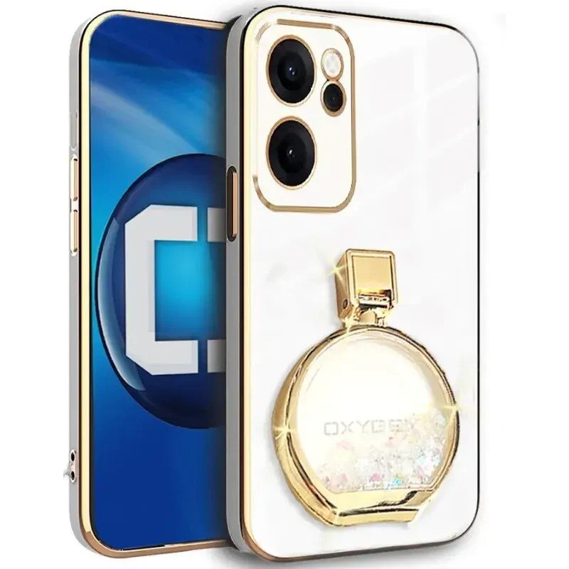 Etui na telefon z białą powierzchnią i złotymi elementami, posiada okrągły uchwyt z napisem \'OXYGEN\'. W tle widoczny jest ekran telefonu z niebieskim logo z literą \'C\'.