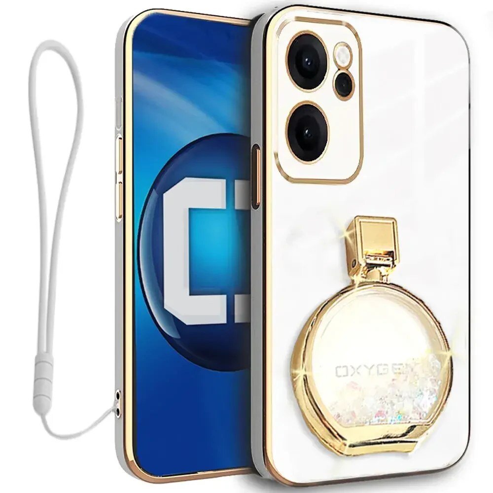 Etui na telefon z białym tyłem i złotymi elementami, posiada okrągły uchwyt z napisem \'OXYGEN\'. W tle widoczny jest ekran telefonu z niebieskim logo z literą \'C\'.