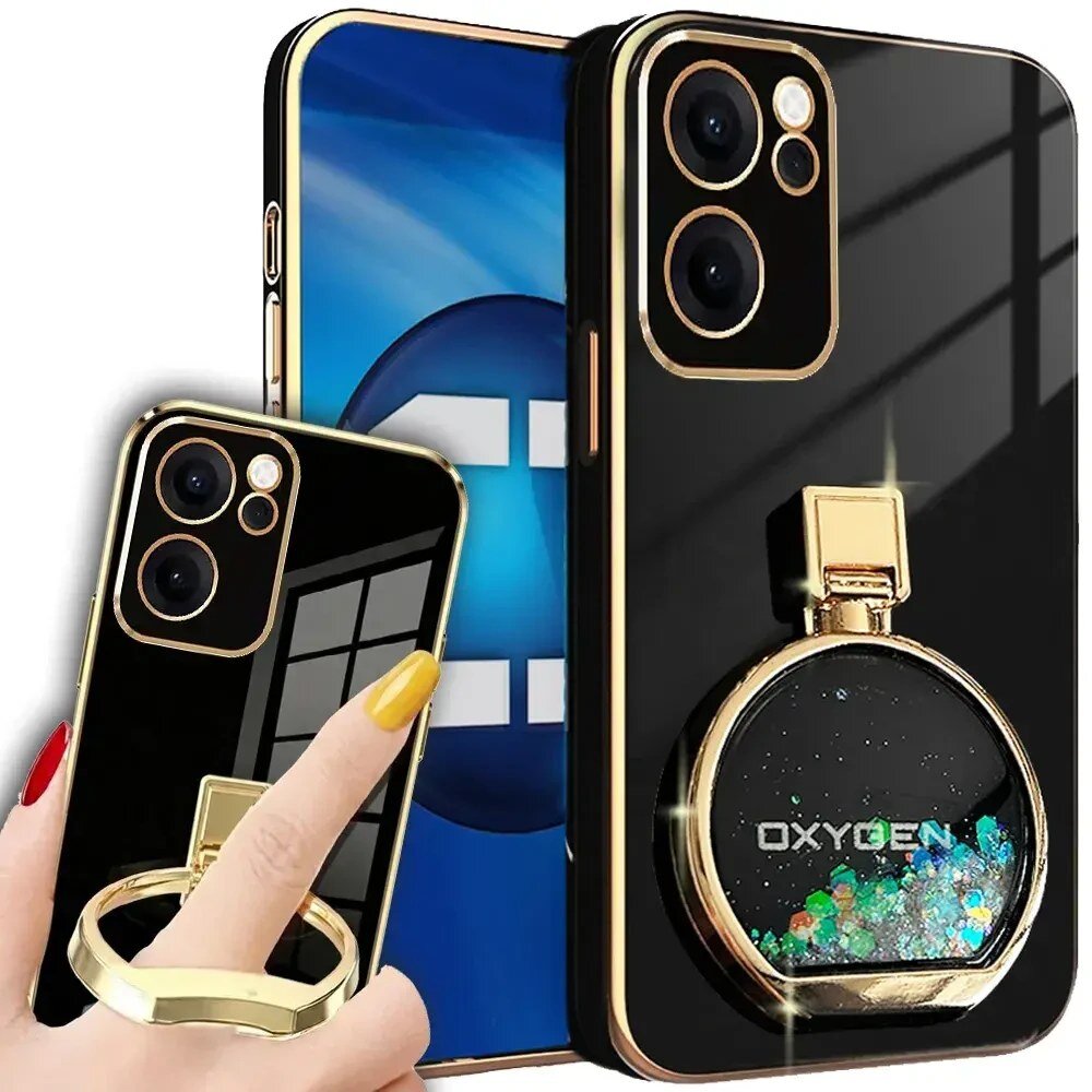 Obraz przedstawia czarne etui na telefon z elementami w kolorze złotym, posiadające okrągły uchwyt z napisem \'OXYGEN\'. W tle widoczny jest telefon z niebieskim ekranem.