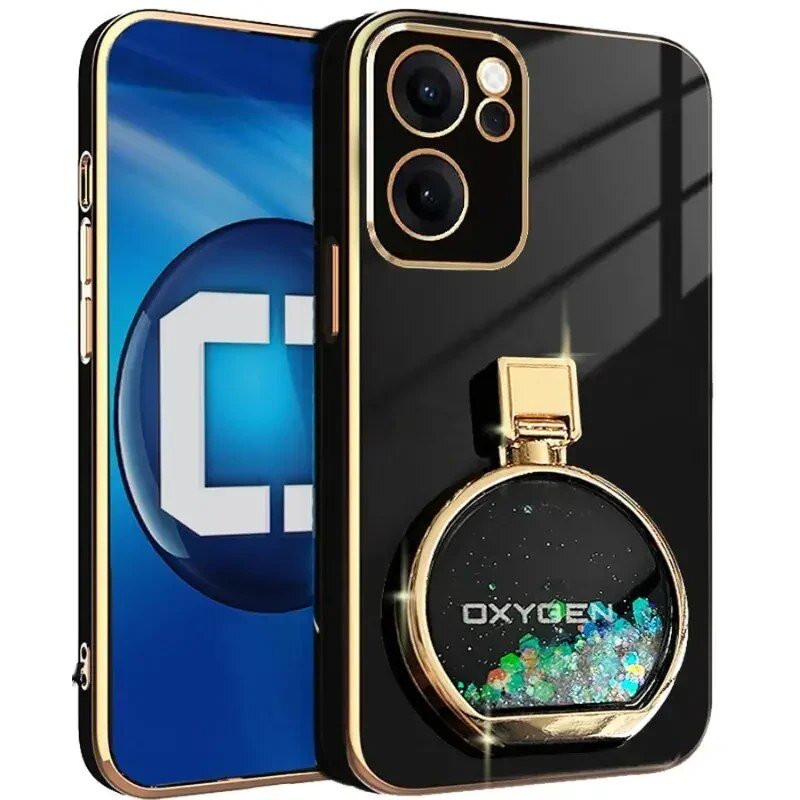 Czarne etui na telefon z elementami złotego koloru, ozdobione okrągłym elementem z napisem \'OXYGEN\' oraz błyszczącymi drobinkami. W tle widoczny jest ekran telefonu z niebieskim motywem i literami \'C\'.