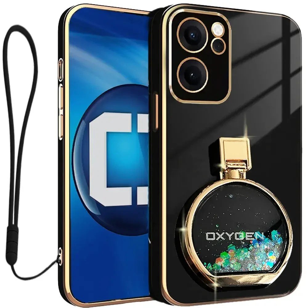 Czarne etui na telefon z elementami w kolorze złotym, posiada okrągły uchwyt z napisem \'OXYGEN\' oraz brokatowe zdobienia. Obok etui widoczny jest telefon z niebieskim ekranem i logo \'C\'.