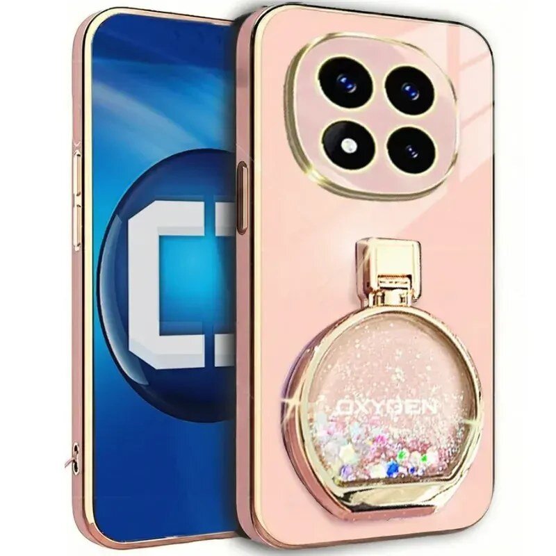 Etui na telefon w kolorze różowym z ozdobnym elementem przypominającym flakon perfum oraz napisem \'OXYGEN\'. Widoczne są cztery otwory na aparaty fotograficzne.