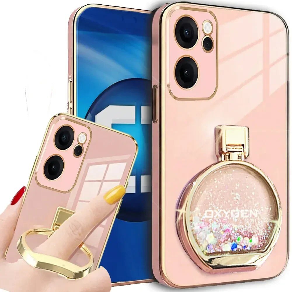 Obraz przedstawia różowe etui na telefon z napisem \'OXYGEN\' i ozdobnym elementem przypominającym flakonik z brokatem. W tle widoczny jest telefon z niebieskim ekranem i logo \'media expert\'.