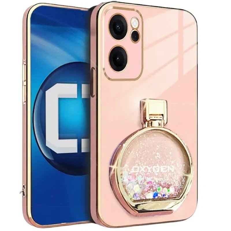 Etui na telefon w kolorze różowym z ozdobnym elementem przypominającym flakon perfum, wypełnionym kolorowymi drobinkami. Na etui widoczny jest napis \'OXYGEN\'.
