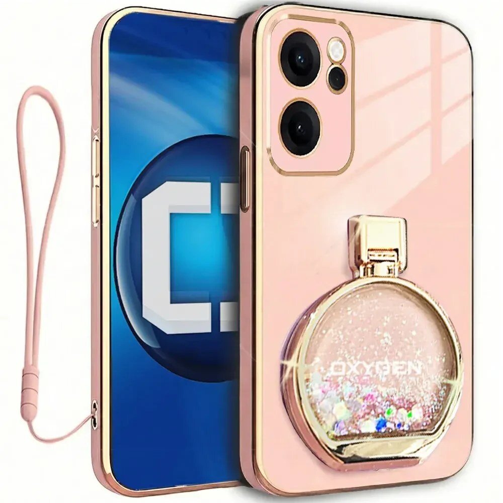 Etui na telefon w kolorze różowym z ozdobnym elementem przypominającym flakon perfum, z napisem \'OXYGEN\'. Obok widoczny jest telefon z niebieskim ekranem i dużą literą \'C\'.