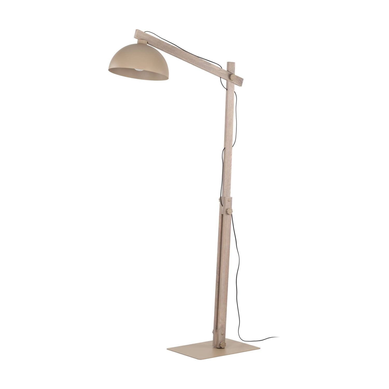 Beżowa lampa podłogowa z regulowanym ramieniem i kloszem, osadzona na prostokątnej podstawie. Kabel zasilający biegnie wzdłuż ramienia lampy.