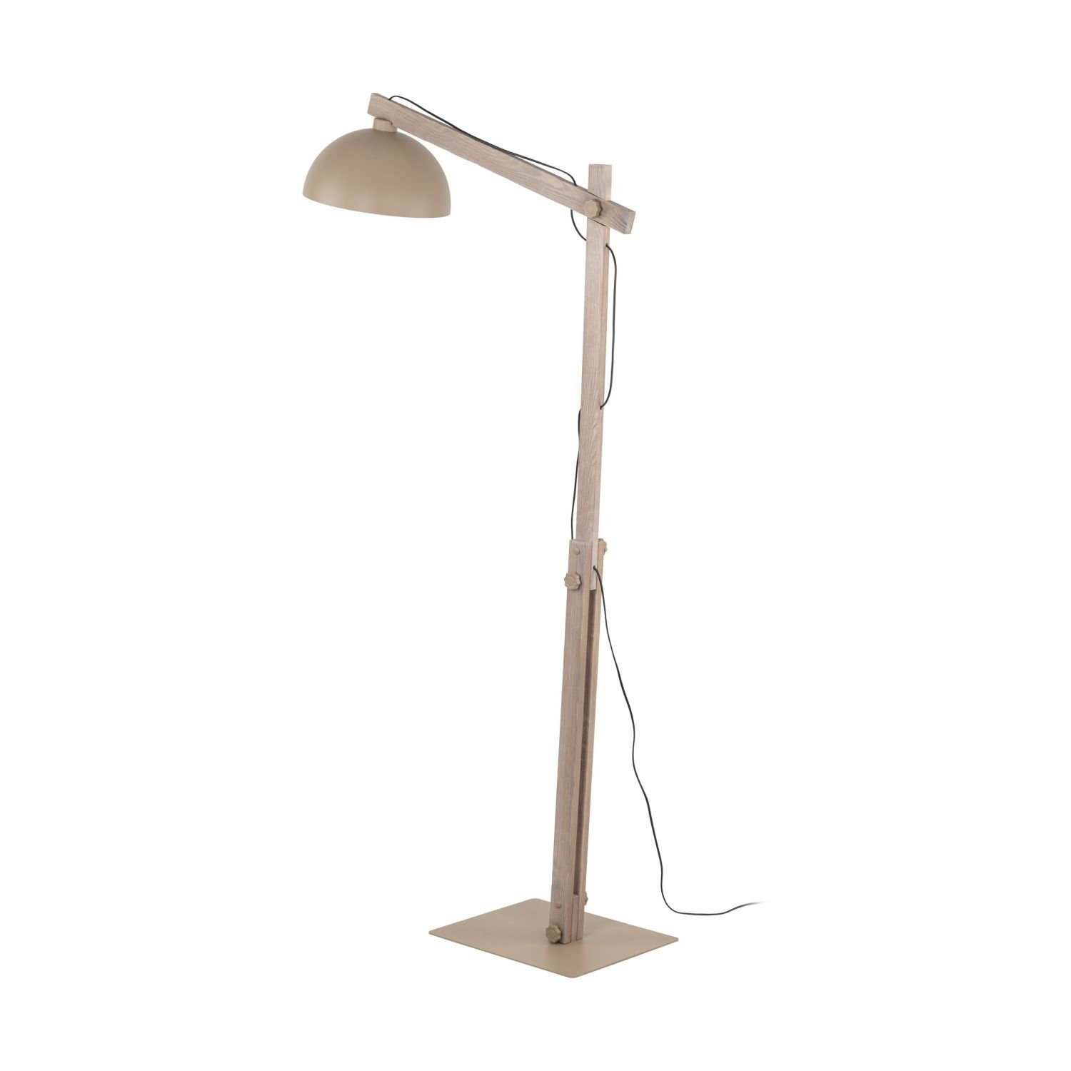 Beżowa lampa podłogowa z regulowanym ramieniem i kloszem w kształcie półkuli, osadzona na prostokątnej podstawie. Kabel zasilający biegnie wzdłuż ramienia lampy.