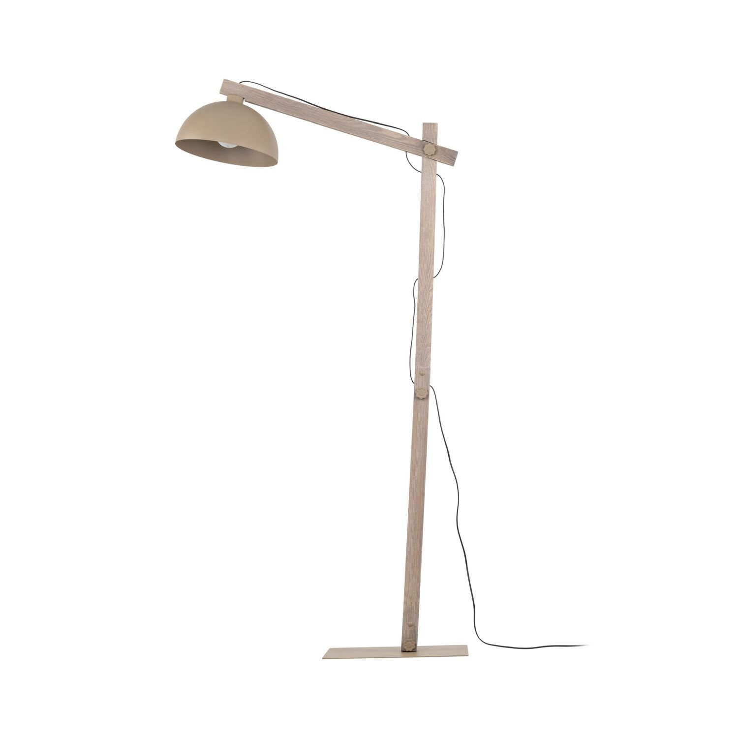 Beżowa lampa podłogowa z drewnianą konstrukcją i regulowanym kloszem, przewód zasilający widoczny wzdłuż stelaża.