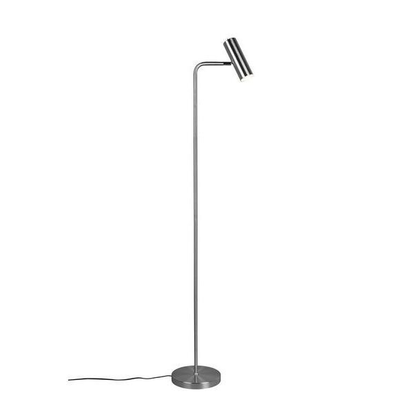 Lampa podłogowa o nowoczesnym designie z metalowym kloszem i smukłą podstawą, umieszczona na białym tle.