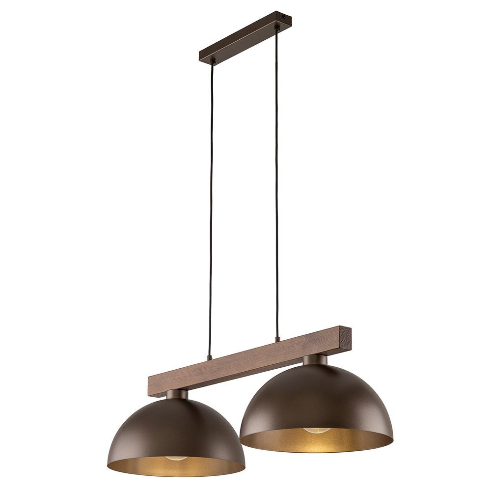 Lampa wisząca z dwoma brązowymi kloszami wykonanymi z metalu, zawieszona na drewnianej belce z możliwością regulacji wysokości.