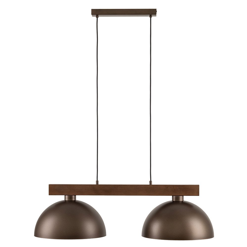 Lampa wisząca z dwoma brązowymi kloszami i drewnianym elementem, zawieszona na dwóch czarnych przewodach.