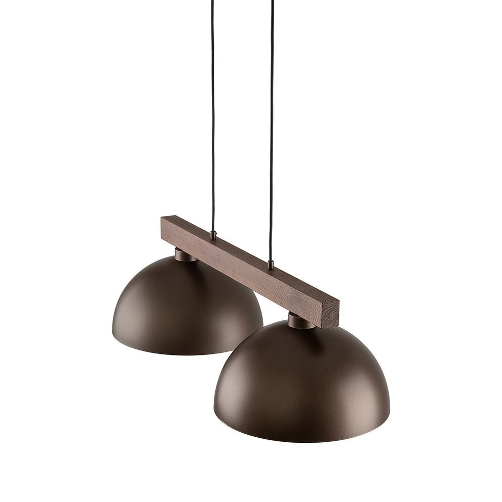Lampa wisząca z dwoma brązowymi kloszami, zawieszona na drewnianej belce z dwoma przewodami. Konstrukcja wykonana z metalu i drewna, z możliwością regulacji wysokości.