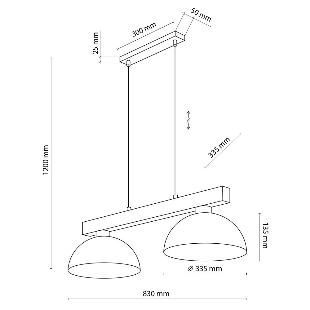 Schemat lampy wiszącej z dwoma kloszami, z wymiarami: wysokość 1200 mm, szerokość 830 mm, średnica klosza 335 mm. Elementy konstrukcyjne mają wymiary 300 mm, 50 mm, 25 mm i 135 mm.