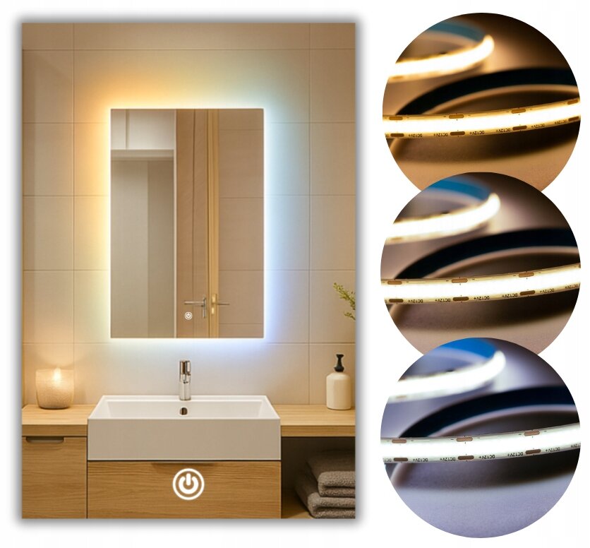 Lustro LED o wymiarach 60x90 cm z podświetleniem w trzech barwach, zamontowane nad umywalką w łazience, z widocznym włącznikiem dotykowym na szafce. Obok lustra znajdują się zbliżenia na taśmy LED z widocznymi diodami.