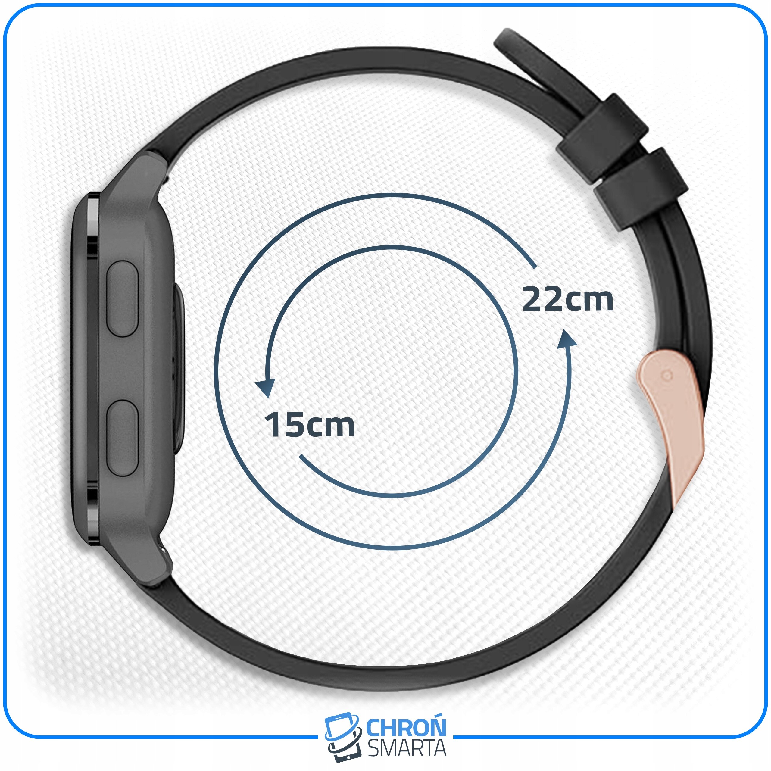 Zdjęcie przedstawia pasek do smartwatcha z oznaczeniami długości 15 cm i 22 cm na tle białej tekstury. Na dole widoczne jest logo \'CHROŃ SMARTA\'.