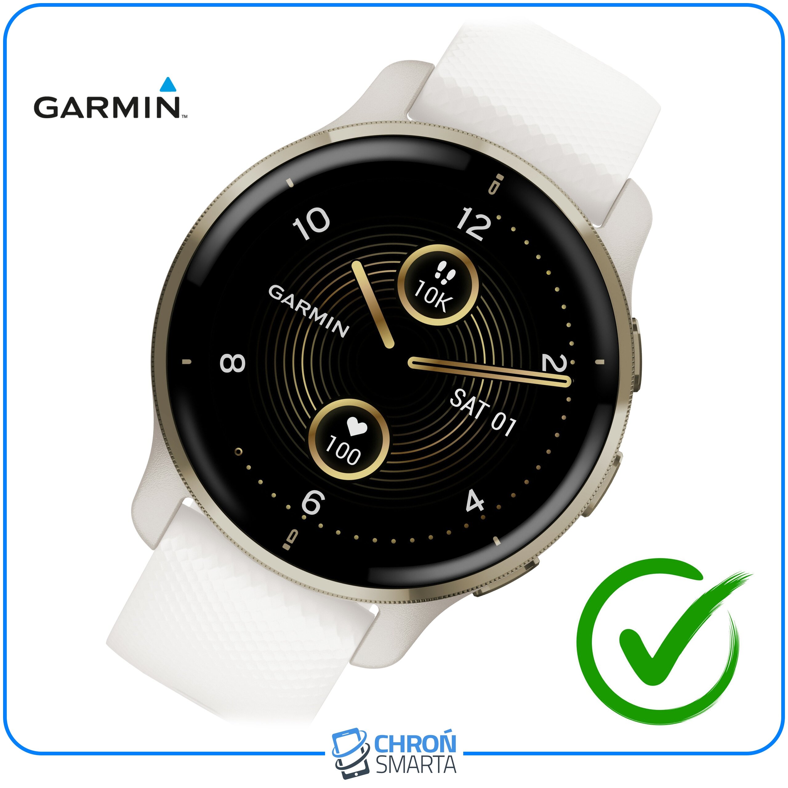 Na zdjęciu znajduje się smartwatch z białym paskiem i czarną tarczą, na której widoczne są cyfry oraz wskaźniki aktywności. W lewym górnym rogu widnieje logo \'GARMIN\', a na dole napis \'CHROŃ SMARTA\' z ikoną zegarka.