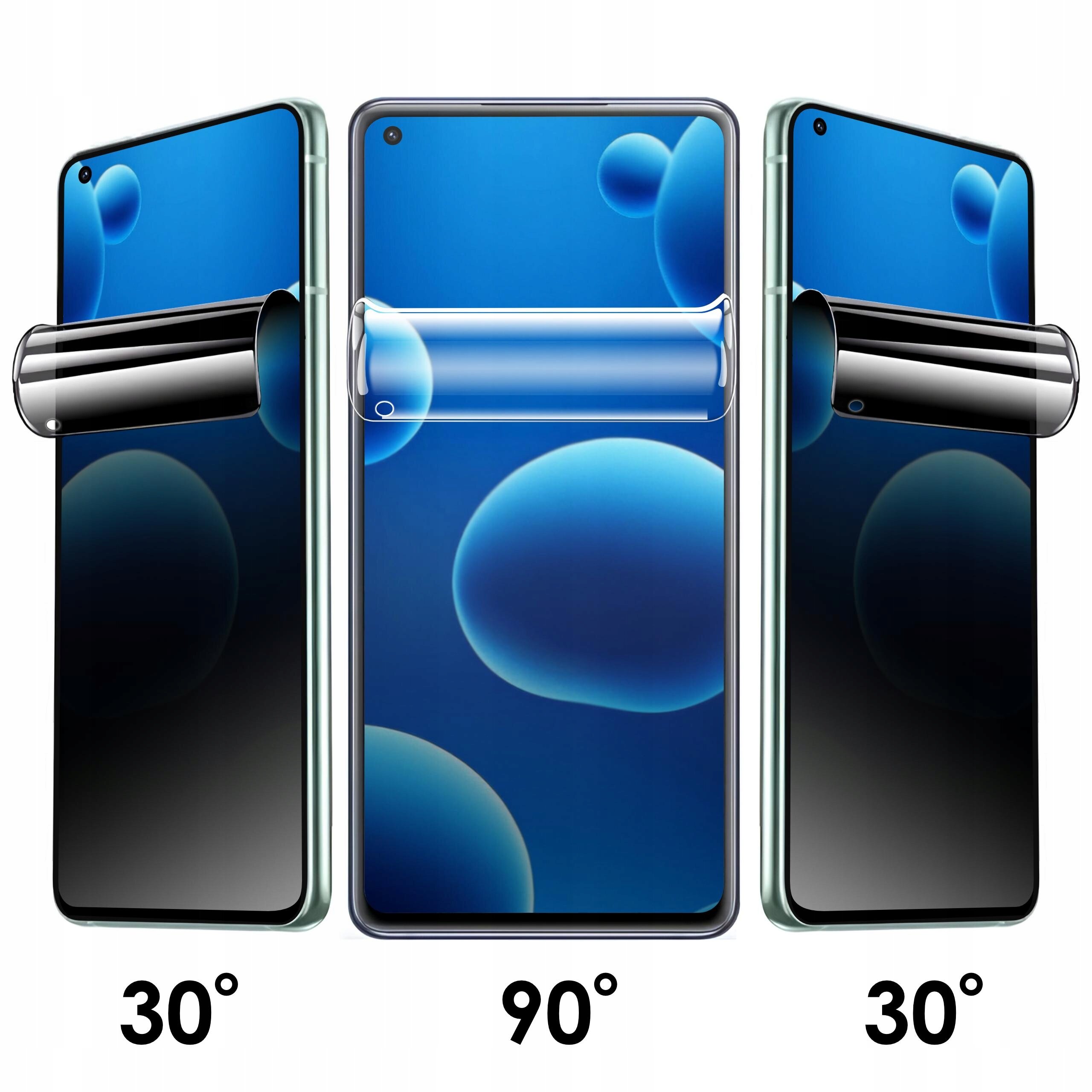Trzy smartfony z nałożoną folią prywatyzującą, pokazane pod różnymi kątami: 30°, 90°, 30°.