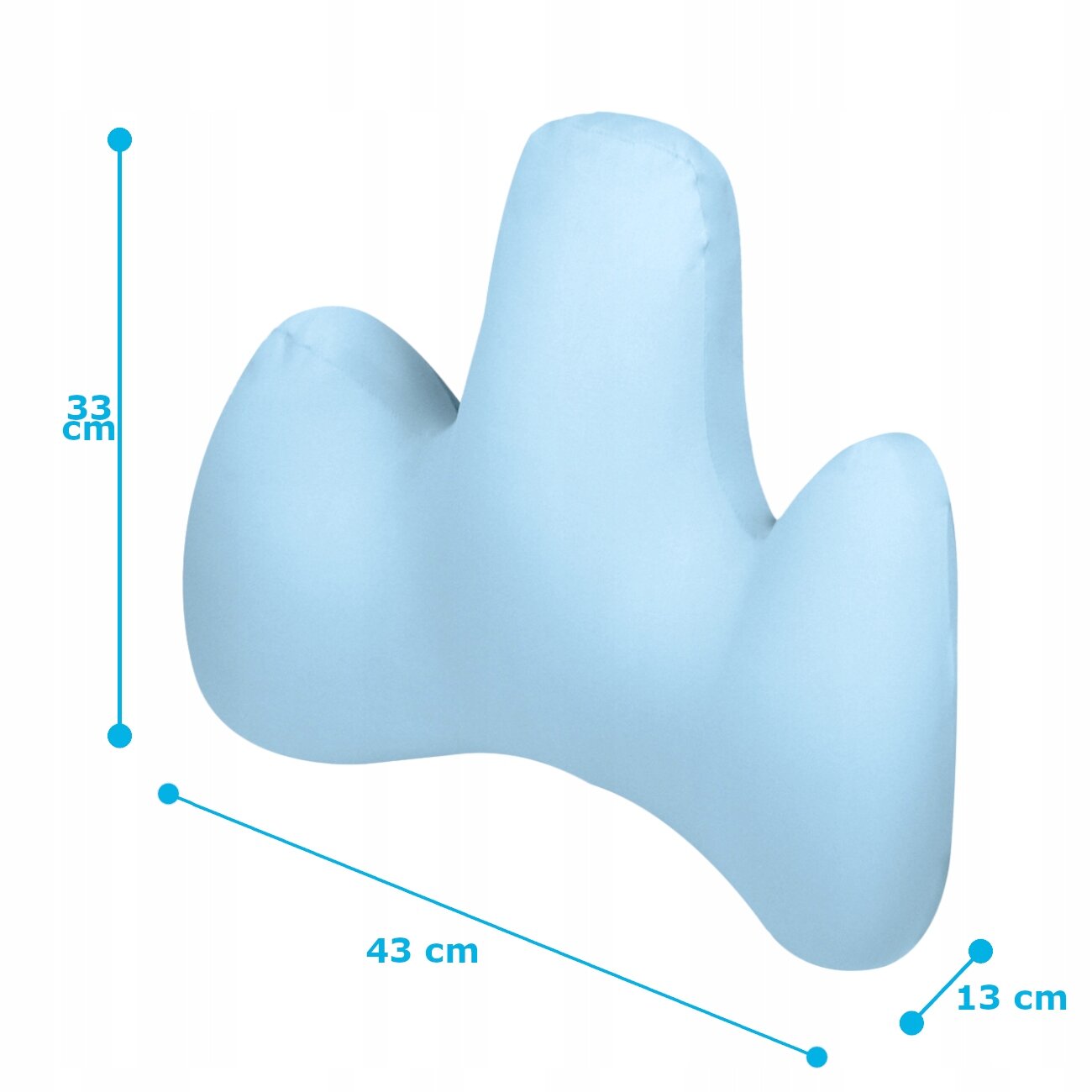 Niebieska poduszka lędźwiowa o wymiarach 33 cm wysokości, 43 cm szerokości i 13 cm głębokości. Poduszka ma unikalny kształt z trzema wybrzuszeniami.