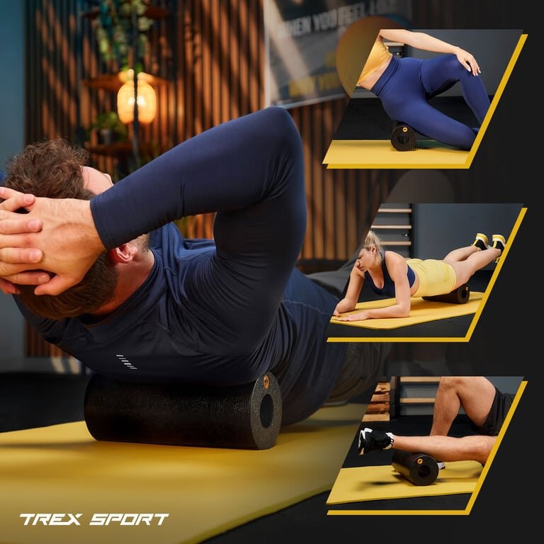 Na obrazie widać osoby używające czarnego wałka do masażu na żółtej macie. W lewym dolnym rogu znajduje się logo \'TREX SPORT\'.