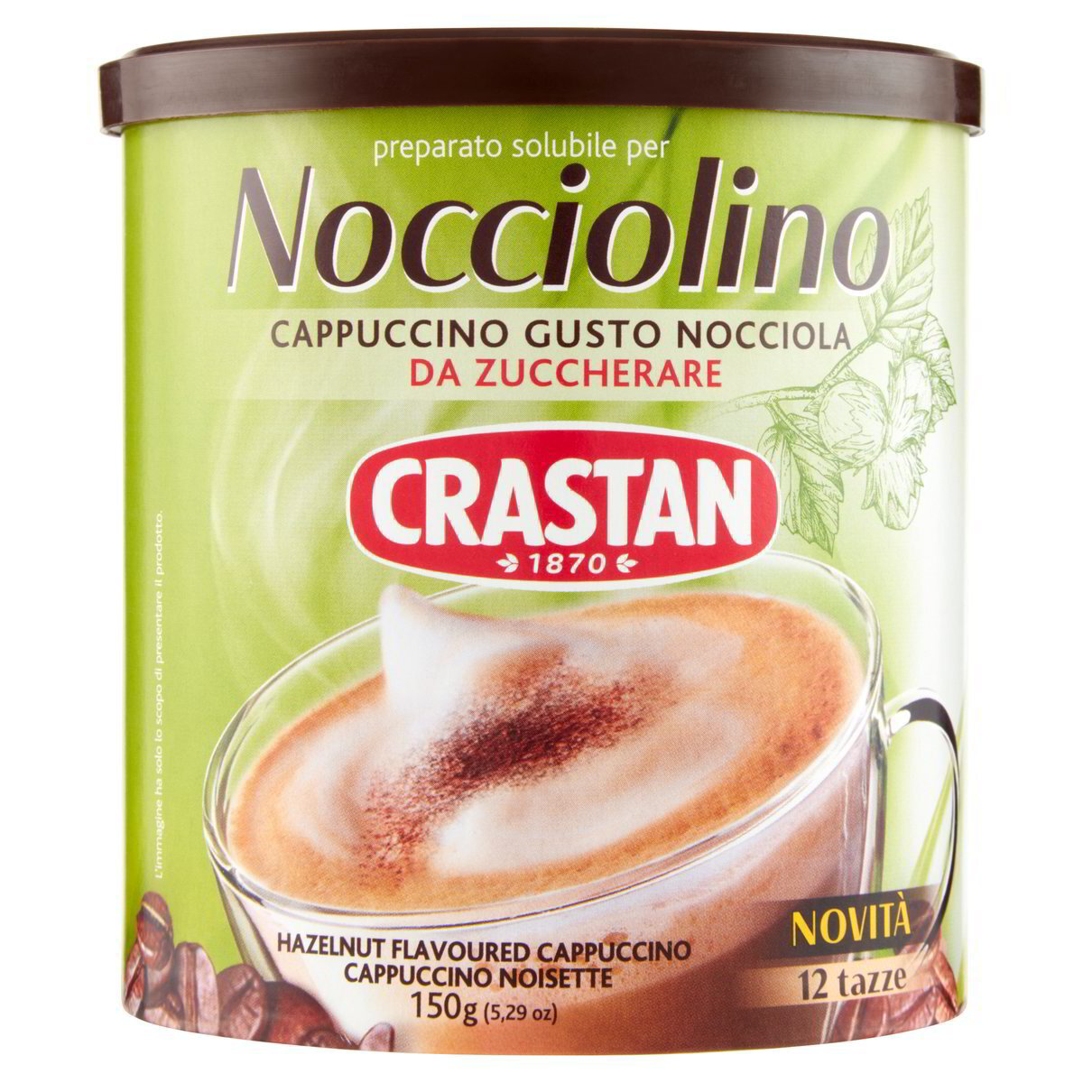 Opakowanie kawy rozpuszczalnej Crastan Nocciolino o smaku orzechowym 150 g z widocznym logo Crastan 1870 i napisem \'preparato solubile per Nocciolino cappuccino gusto nocciola da zuccherare\'.