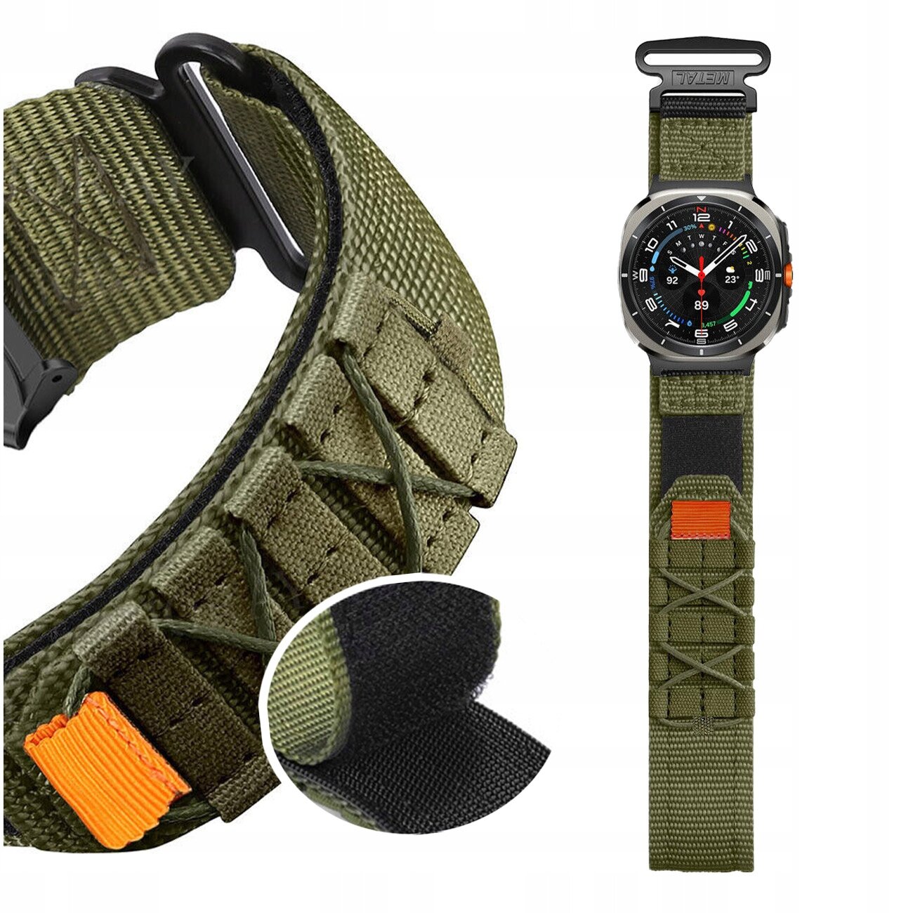 Zielony pasek na rzep z pomarańczowym akcentem, przeznaczony do zegarka Samsung Galaxy Watch Ultra 47mm, z widocznym zapięciem i teksturą materiału.