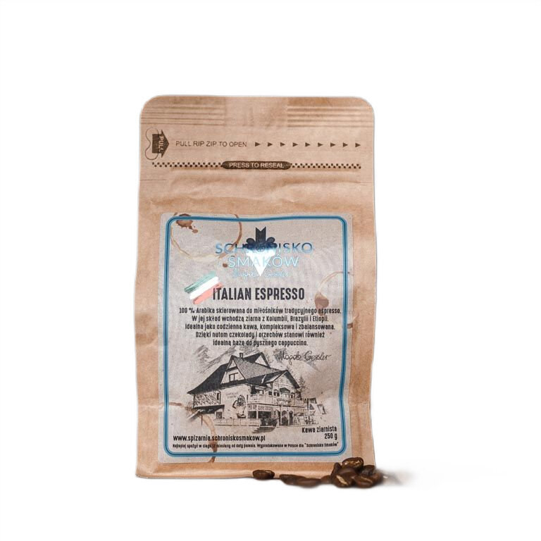 Opakowanie kawy ziarnistej Italian Espresso 250 g z logo Schronisko Smaków, z ilustracją budynku i tekstem opisującym skład oraz pochodzenie ziaren.